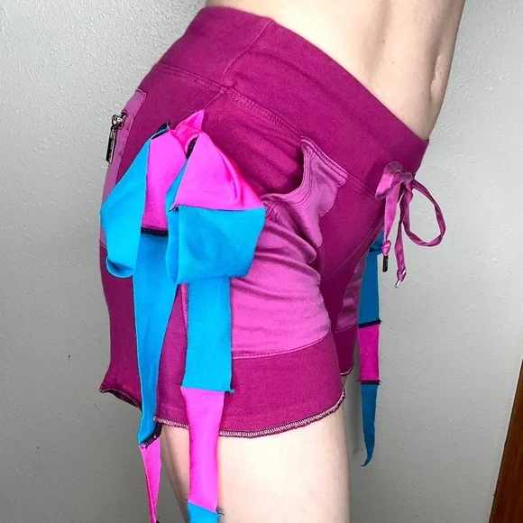 Pink Bow Shorts Size XS Blue Booty Festival Handmade Cotton Fringe Upcycled Y2k - Picture 6 of 11